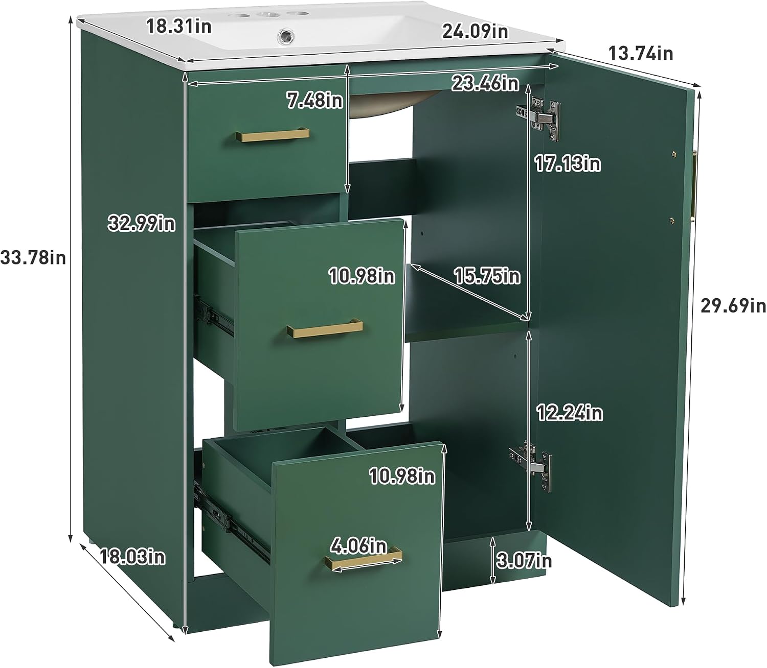 Merax Modern Linear 24' Bathroom Vanity with Sink, Powder Room Small Bathroom Vanity with Storage Cabinet and 2 Drawers, Adjustable Shelf, Ceramic Sink Top, Painted Finish
