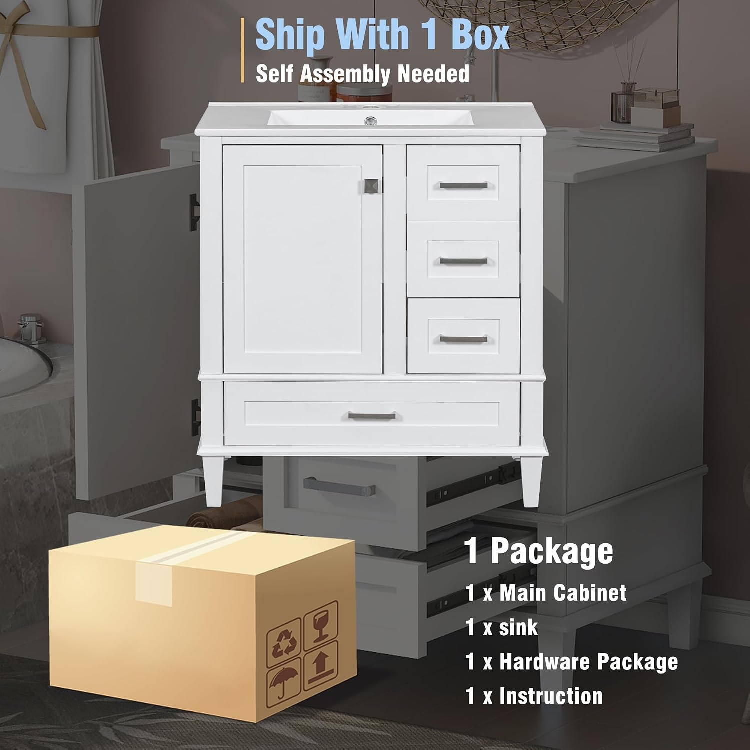 Mirightone 30' Bathroom Vanity with Sink, Bathroom Vanity with Sink 30 Inch, 30 in Vanity with Top for Bathroom, 30 Vanity and Sink Combo with 3 Drawers and 1 Soft Closing Door (White)