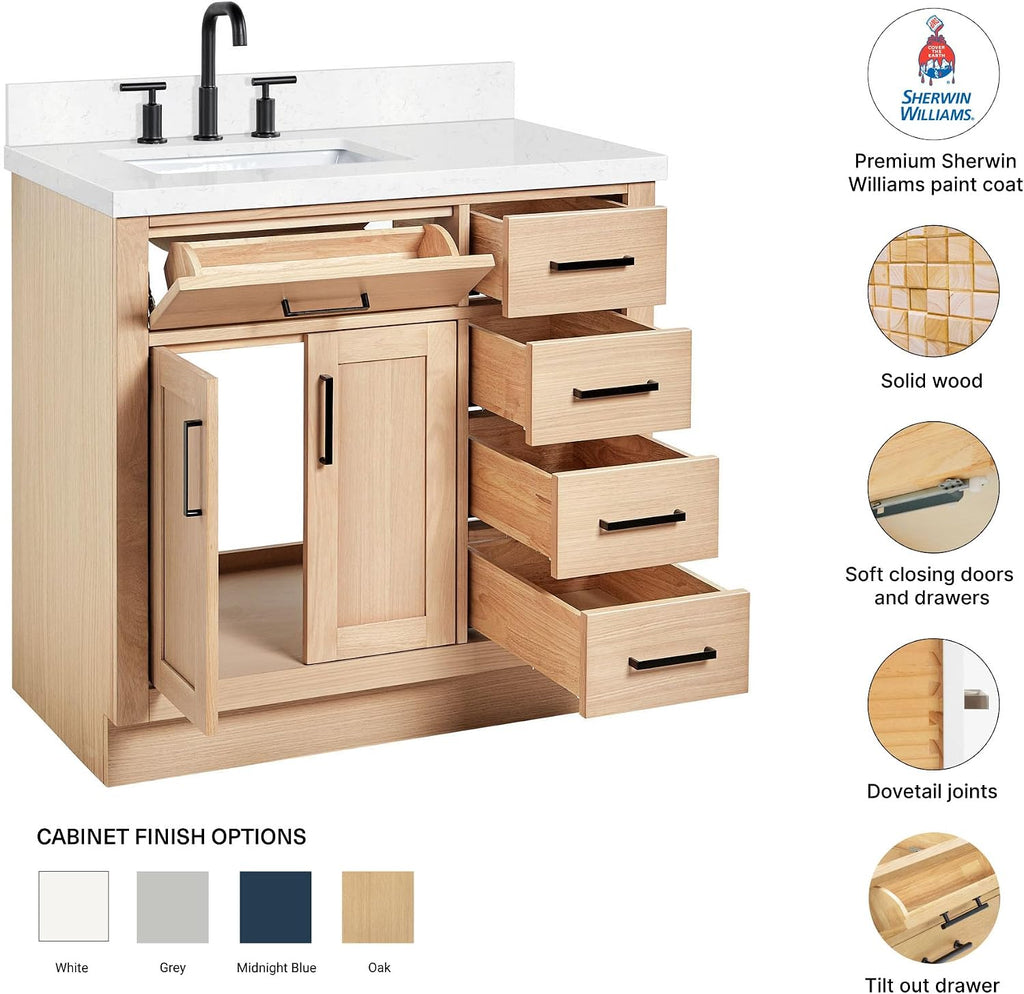 DKB Isabella 36-Inch Oak Bathroom Vanity with Sink, Carrara White Quartz Countertop 1.5' Edge, Left Single Rectangular Sink, 2 Soft Closing Doors, 5 Drawers, Solid Wood Frame