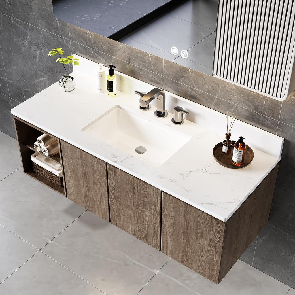 48 in. W x 18.5 in. D Bathroom Engineered Stone Vanity Top with Undermount Rectangular Ceramic Sink, 3 Pre-Drilled Faucet Holes & 4'' Backsplash, White (Faucet Not Included)