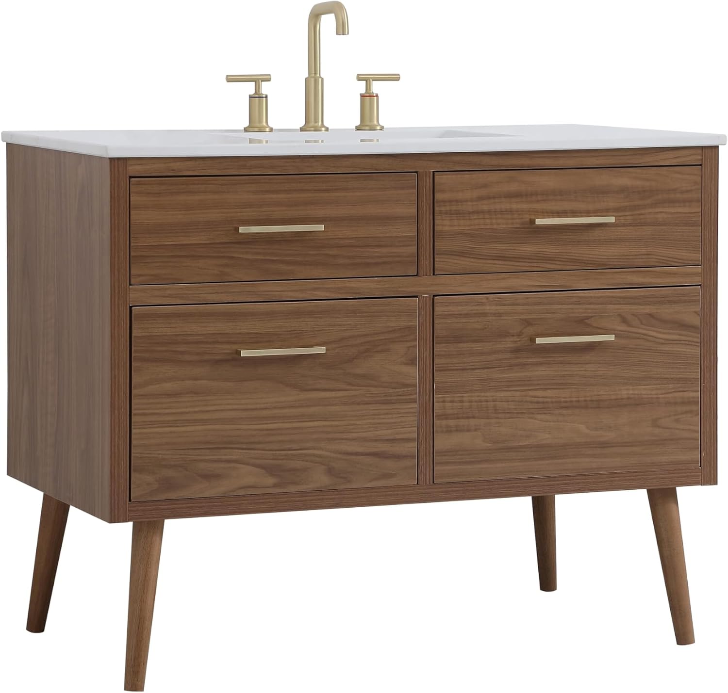 42' Pre-Assembled Bathroom Vanity with Sink, Engineered Wood, Ivory White Engineered Marble Countertop Attached, Single Rectangle Porcelain Sink, 2 Soft-Close Drawers, Walnut Brown