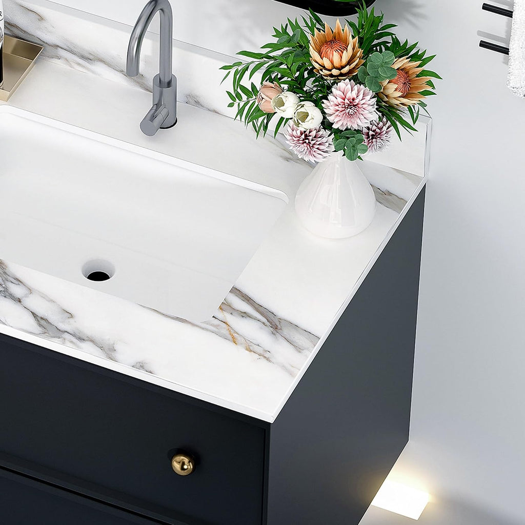 Runboll 31 Inch Marble Vanity Top with Undermount Rectangular Sink, 4' Backsplash, Pre-Drilled Faucet Single Hole, Vanity Top with Sink for Bathroom, Bathroom Remodels (Cabinet NOT Included)