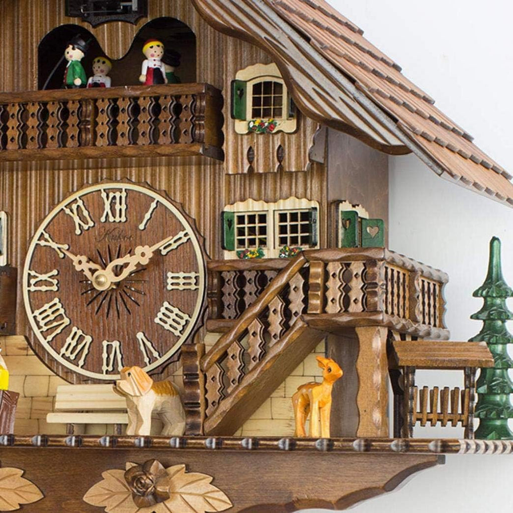 Cuckoo Clock Solid Wood Hand Carved Villa with Music and Rotating Doll, Quartz Wooden Wall Clock with Adjustable Volume and Night Sensor for Home and Office