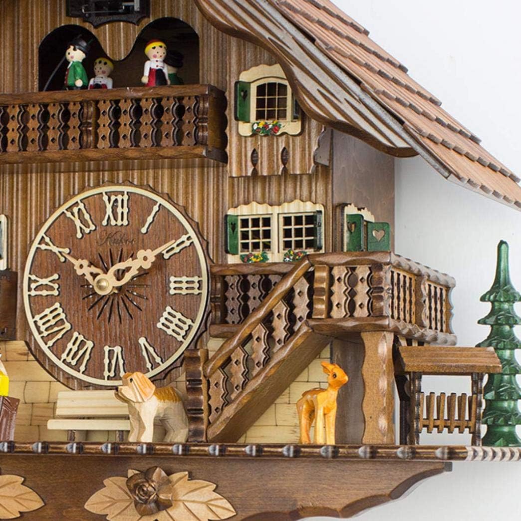 Cuckoo Clock Solid Wood Hand Carved Villa with Music and Rotating Doll, Quartz Wooden Wall Clock with Adjustable Volume and Night Sensor for Home and Office