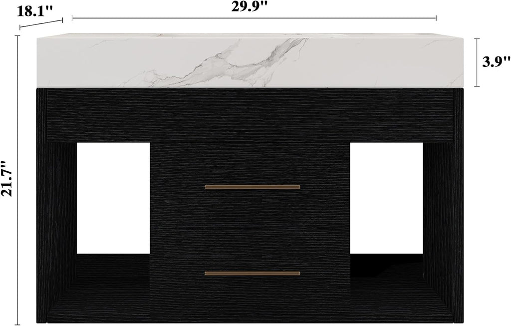 30' Bathroom Vanity with Sink Set, Modern Black Wall Mounted Bathroom Vanity Cabinet with Sintered Stone Top&Gold Handle 2 Drawers&2 Open Storage, Single Sink Floating Bathroom Vanity