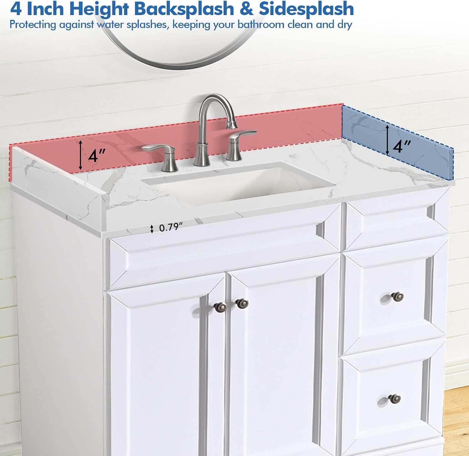 42 in.W x 22 in.D Quartz Calacatta River Vanity Top,with Undermount Middle Sink Vanity Top,with Two Sidesplash & One Backsplash,8 Inch Faucet Hole Spread Bathroom Vanity Sink Countertop