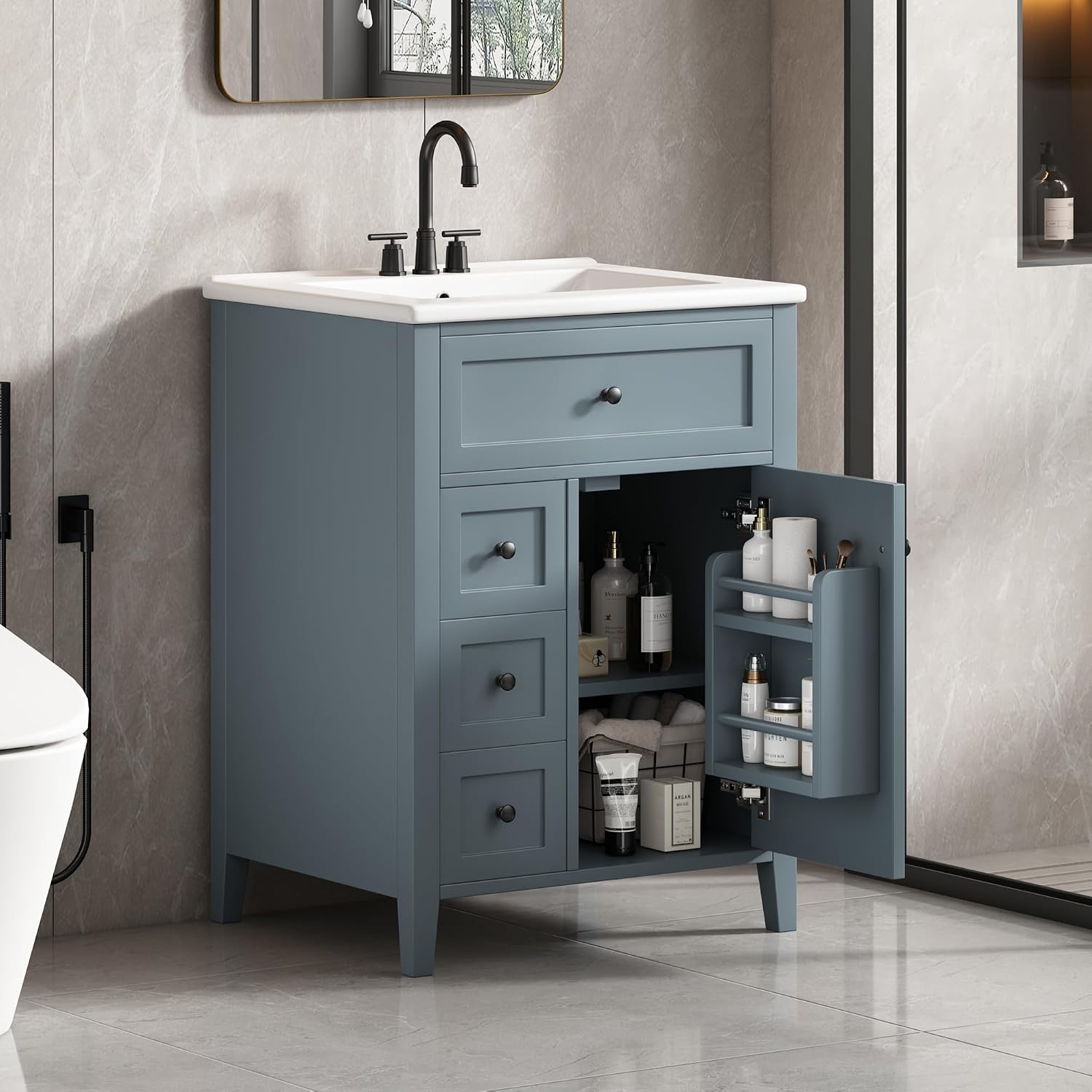 24' Bathroom Vanities Sink Set, Cabinet with Multi-Functional Tip-Out Drawer and Adjustable Shelf, Soft-Closing Door, Solid Wood Legs, Gray Blue