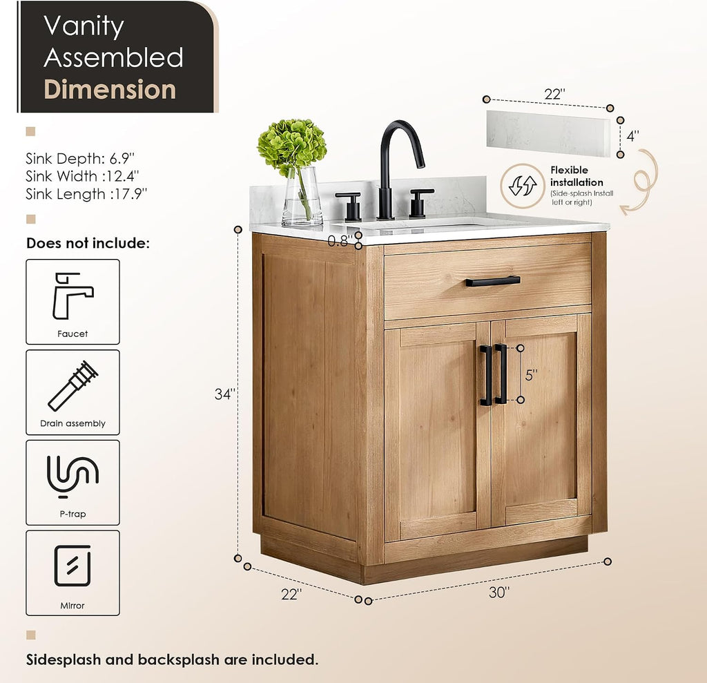 Altair Design Gavino 30' Wood Vanity in Light Brown White Engineered Stone Top no Mirror