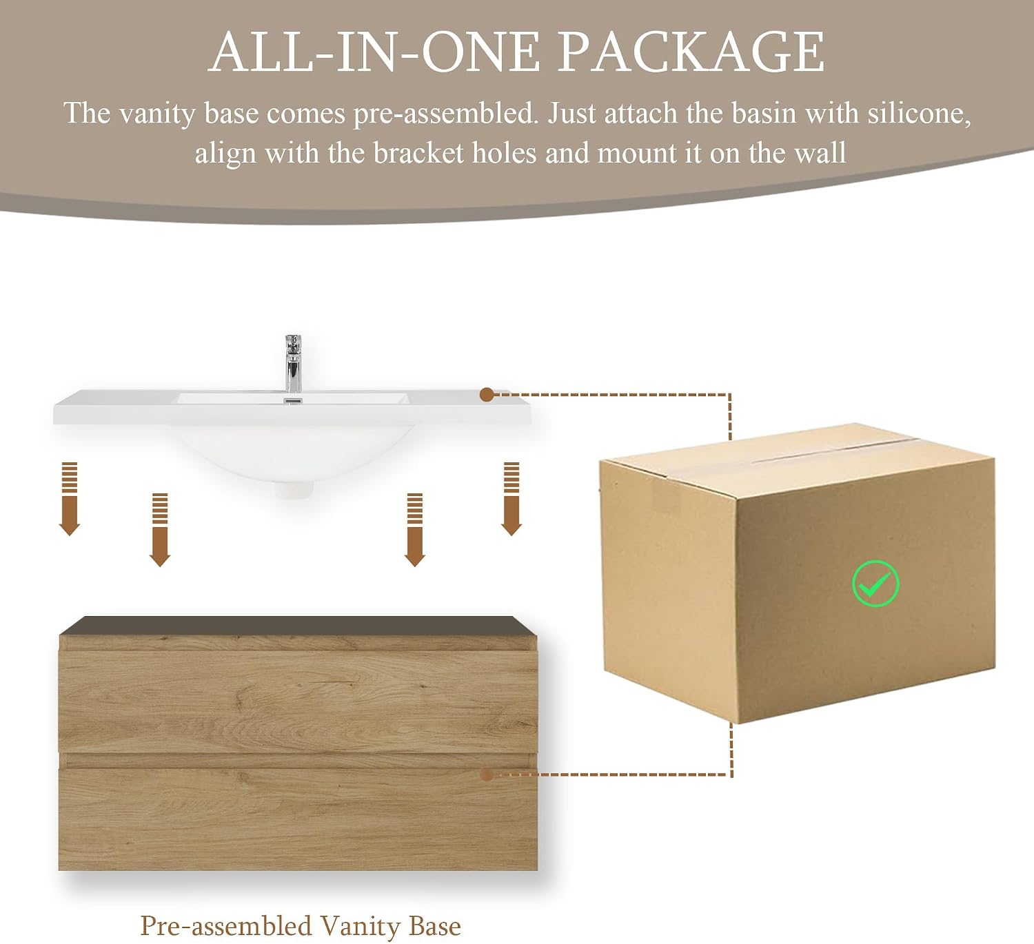 42' Floating Bathroom Vanity with Sink, Wall Mounted Bathroom Storage Vanity Cabinet with Solid Top Basin and Soft Close Drawers, Natural Oak