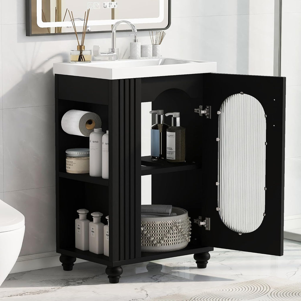 20-inch Bathroom Vanity with Sink, Free Standing Vanity Cabinet with Two-Tier Shelf and Glass Door, Wooden Bath Set Organizer with Single Ceramic Sink for Bathroom, Black
