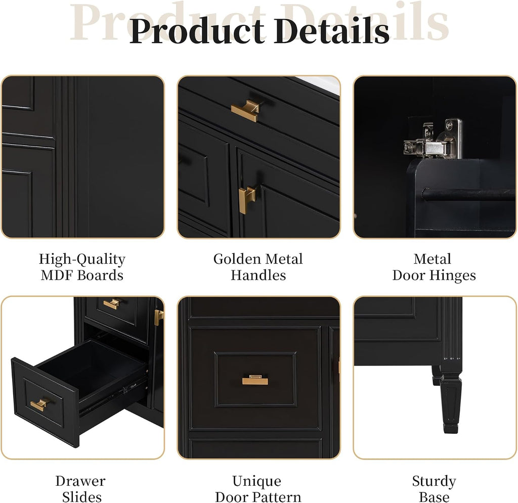 Harper & Bright Designs 30' Bathroom Vanity with Sink, Free Standing Vanity Set with Tip-Out Drawer, 2 Drawers, and Adjustable Shelf, Wood Bathroom Cabinet with Ceramic Basin for Bathroom, Black