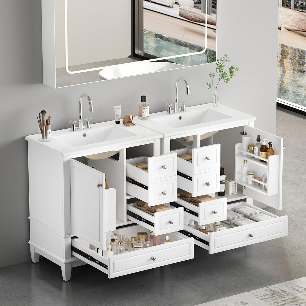 Mirightone 60 Inch Bathroom Vanity with Double Sink, 60 Double Sink Bathroom Vanity, Bathroom Vanity 60' Double Sink with 6 Drawers, 2 Cabinets and 2 Door with Shelves (White)