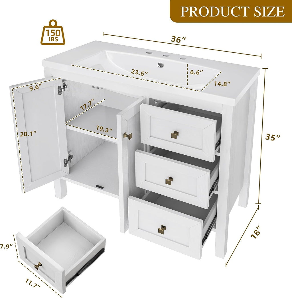 DWVO 36 Inch Bathroom Vanity with Sink, Modern Bathroom Storage Cabinet with Resin Basin, Three Holes, 2 Doors & 3 Drawers