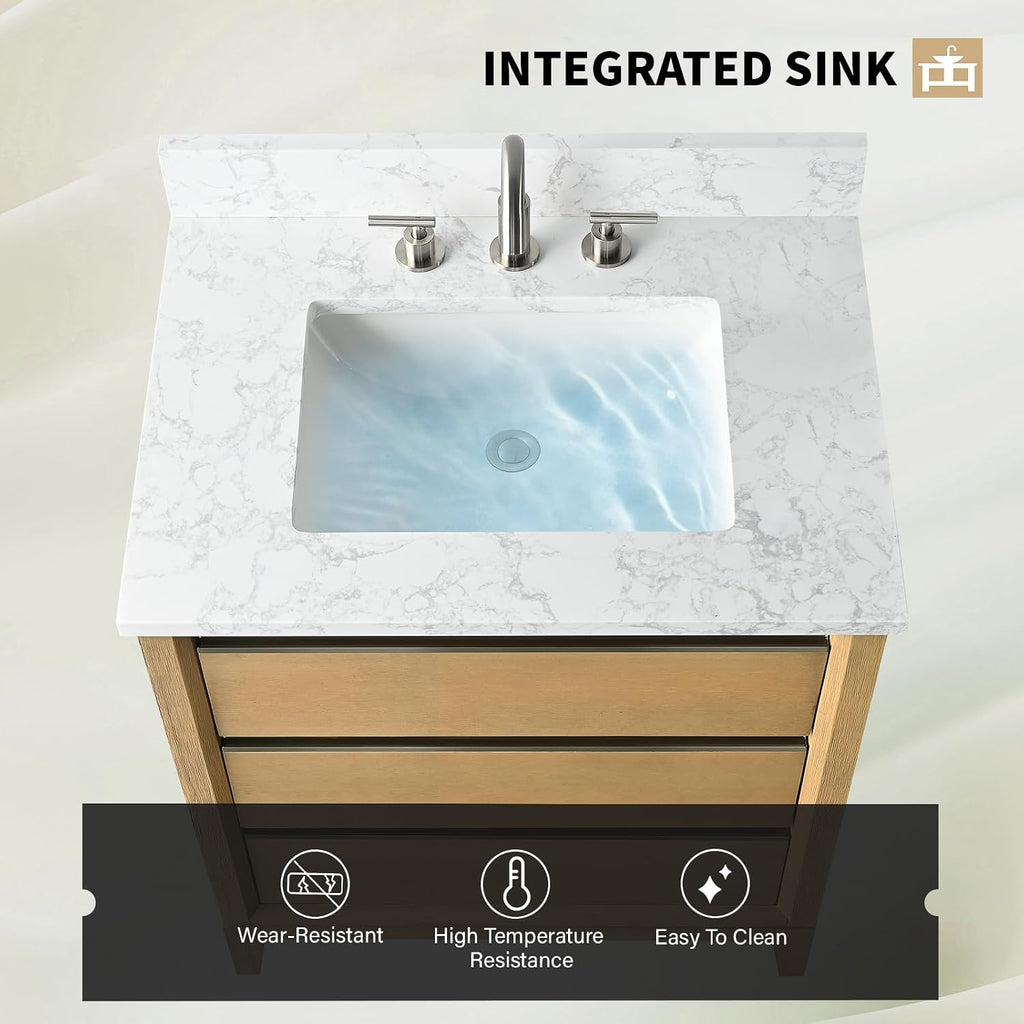 Vanity Art 30 inch Small Bathroom Vanity with Sink & Ceramic Top, Oak Vanity Cabinet with 3 Drawers, Solid Wood Frame, Ceramic Sink, Natural Oak, VA8030-NO1