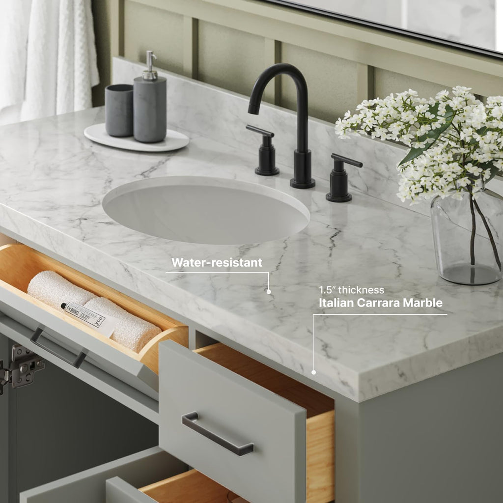 ARIEL Hepburn 54-inch Bathroom Vanity with Sink,Solid Wood, 1.5-inch Italian Carrara Marble Countertop & Backsplash, Single Oval Porcelain Sink, 2 Soft Closing Doors, 9 Dovetail Drawers, Grey