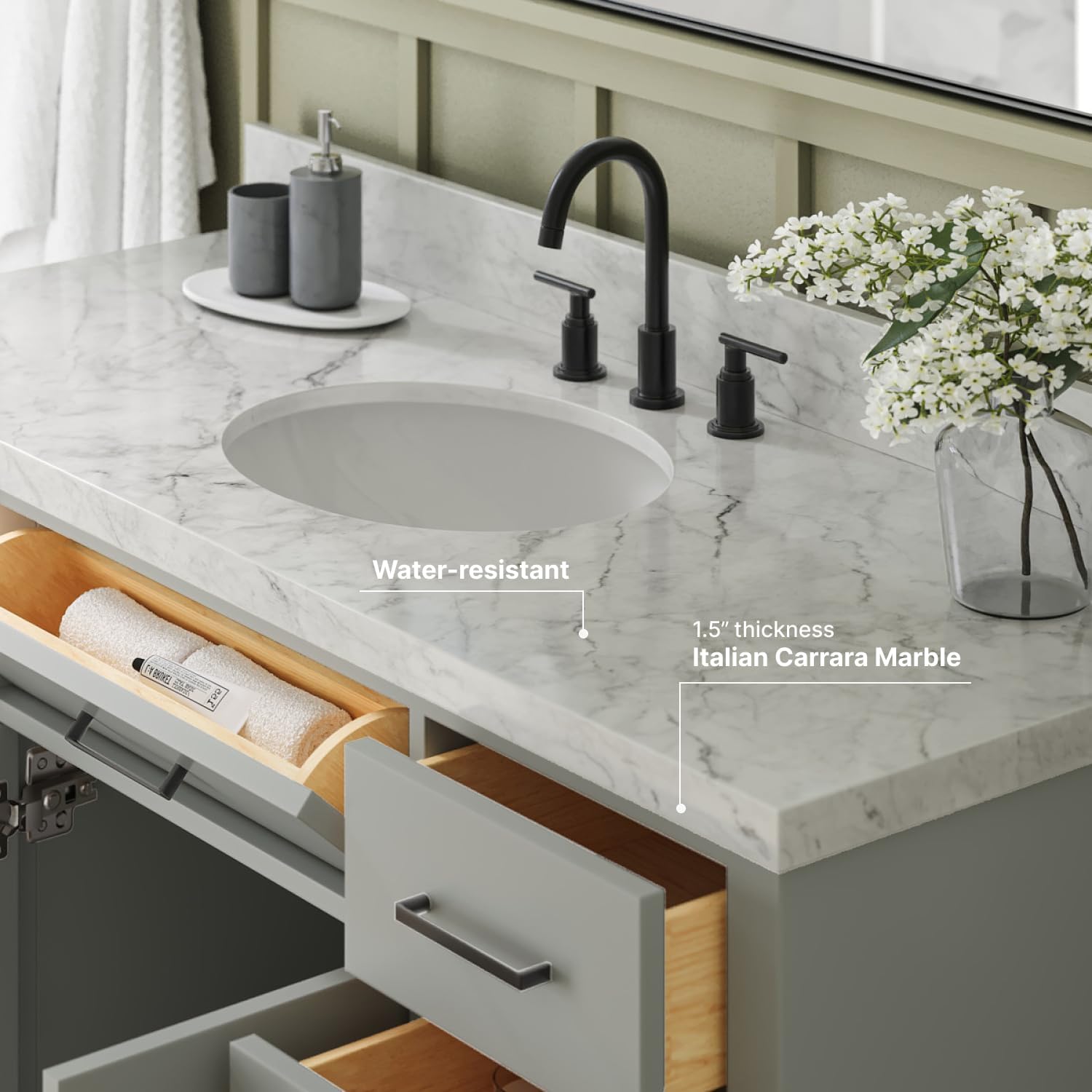 ARIEL Hepburn 54-inch Bathroom Vanity with Sink,Solid Wood, 1.5-inch Italian Carrara Marble Countertop & Backsplash, Single Oval Porcelain Sink, 2 Soft Closing Doors, 9 Dovetail Drawers, Grey