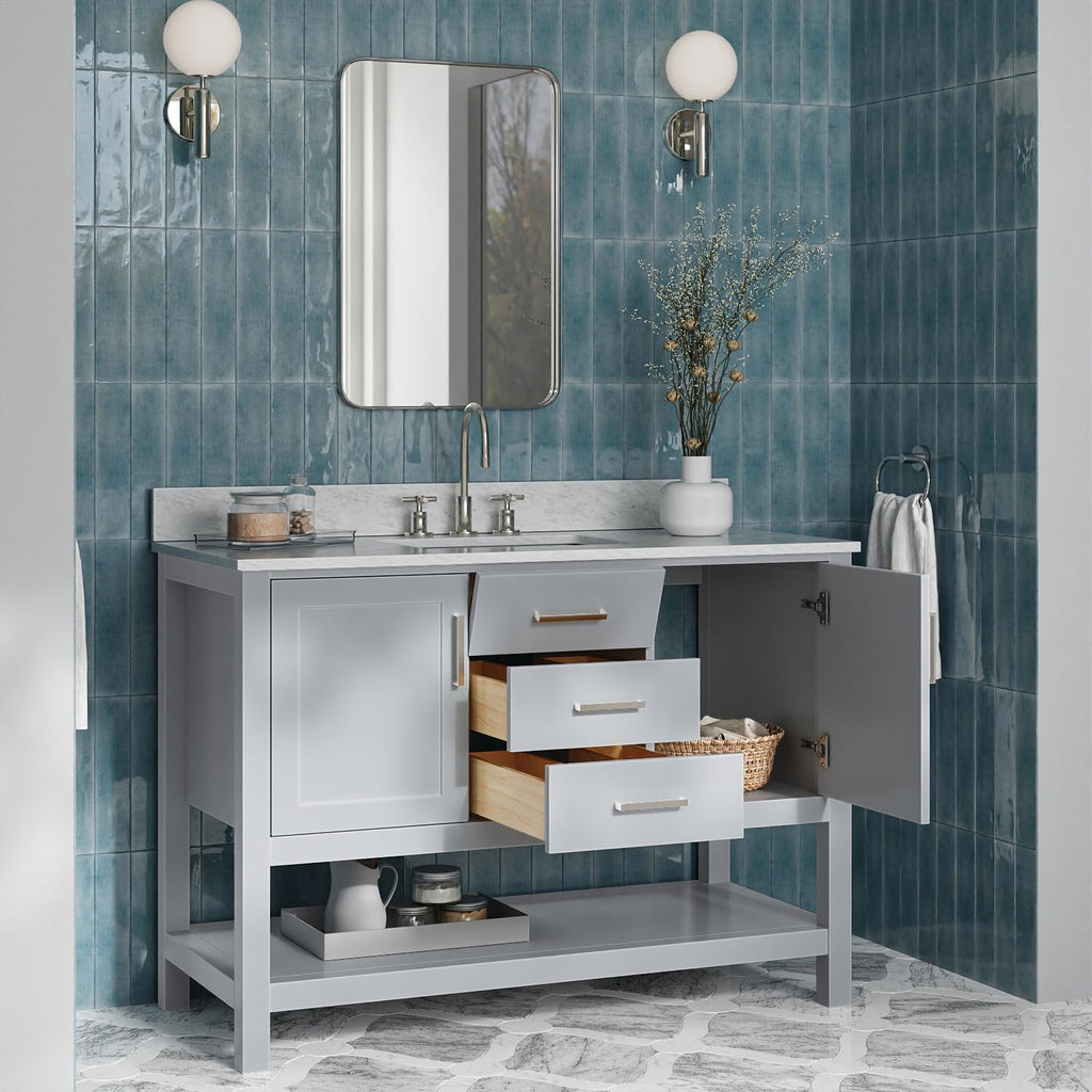 ARIEL Bayhill 48-inch Bathroom Vanity with Sink,Solid Wood, 0.75-inch Italian Carrara Marble Countertop, Single Rectangular Porcelain Sink, 2 Soft Closing Doors, 2 Dovetail Drawers, Grey