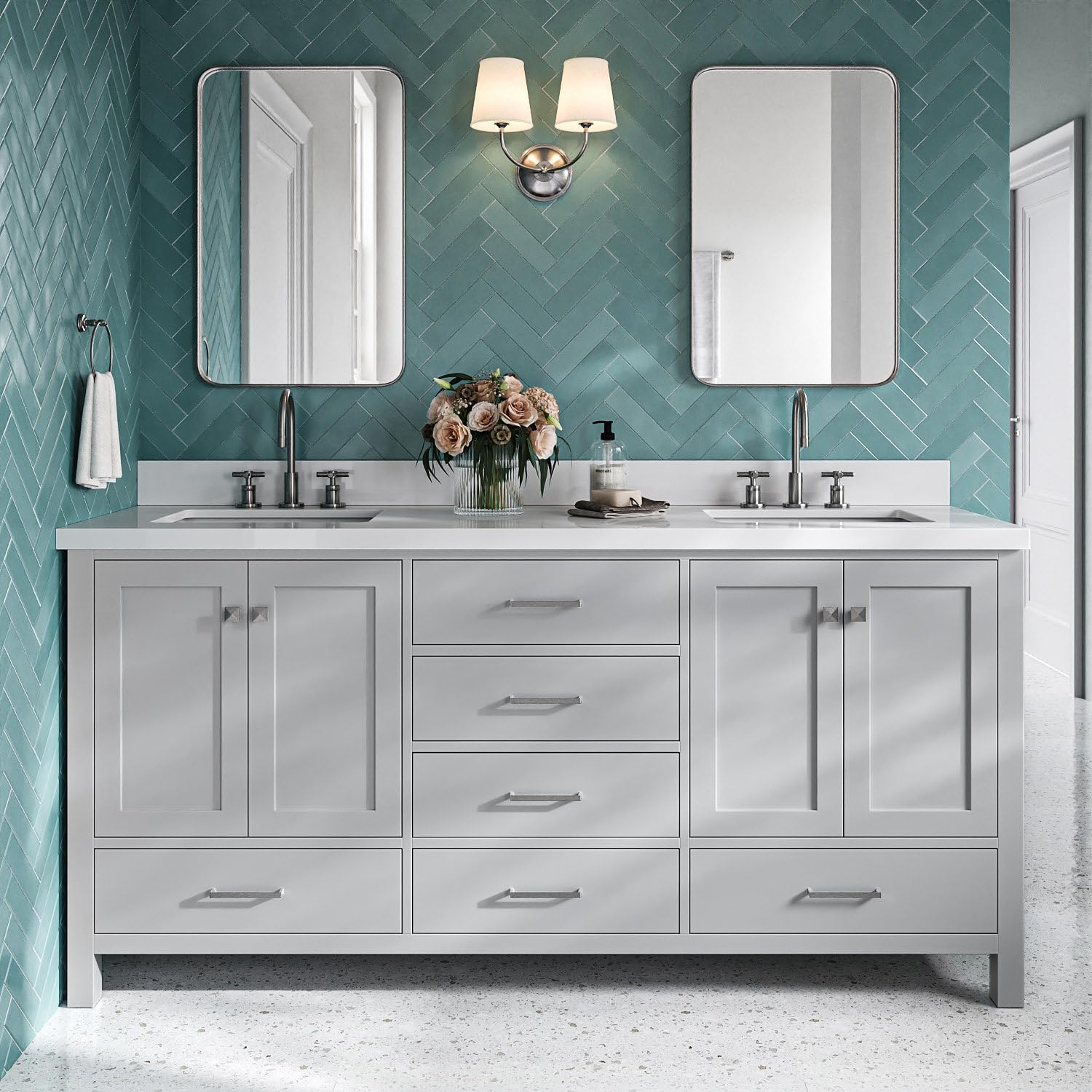 DKB Beckford 72 Inch Bathroom Vanity Double Sink — Grey Bathroom Vanity with Sink, 1.5' Edge Pure White Quartz Countertop & Backsplash, 4 Soft-Close Doors, 6 Dovetail Drawers