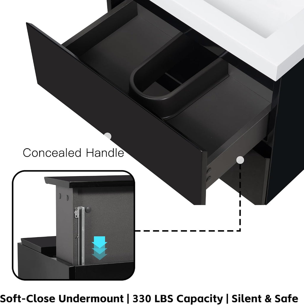 Neftis 24-Inch Floating Vanity with Sink, Pre-Assembled Modern Bathroom Vanity Sink Combo with Storage, Soft-Closing Drawers, One-piece Countertop White Resin Sink, Glossy Black Vanity for Bathroom