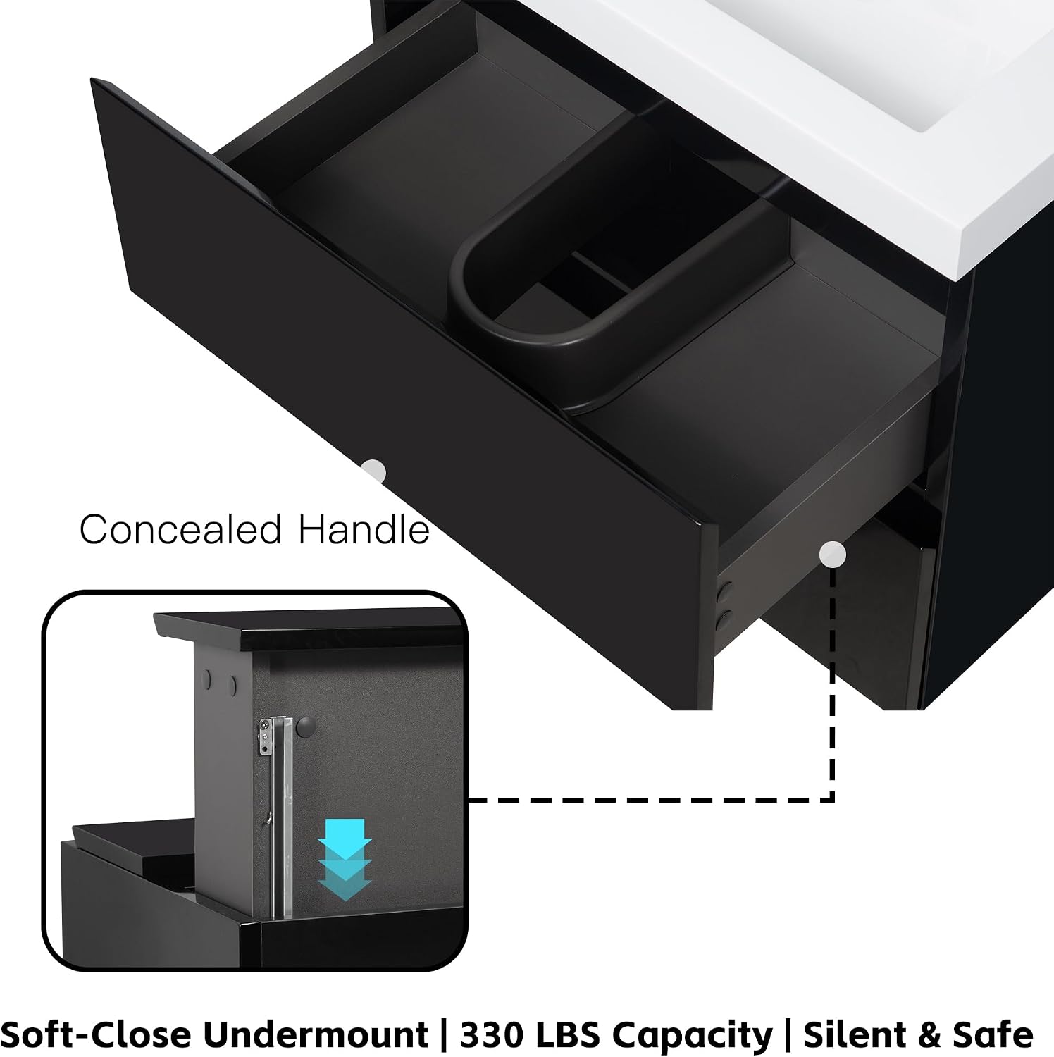 Neftis 24-Inch Floating Vanity with Sink, Pre-Assembled Modern Bathroom Vanity Sink Combo with Storage, Soft-Closing Drawers, One-piece Countertop White Resin Sink, Glossy Black Vanity for Bathroom
