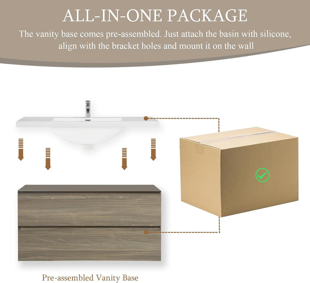 42' Floating Bathroom Vanity with Sink, Wall Mounted Bathroom Storage Vanity Cabinet with Solid Top Basin and Soft Close Drawers, Ash Grey