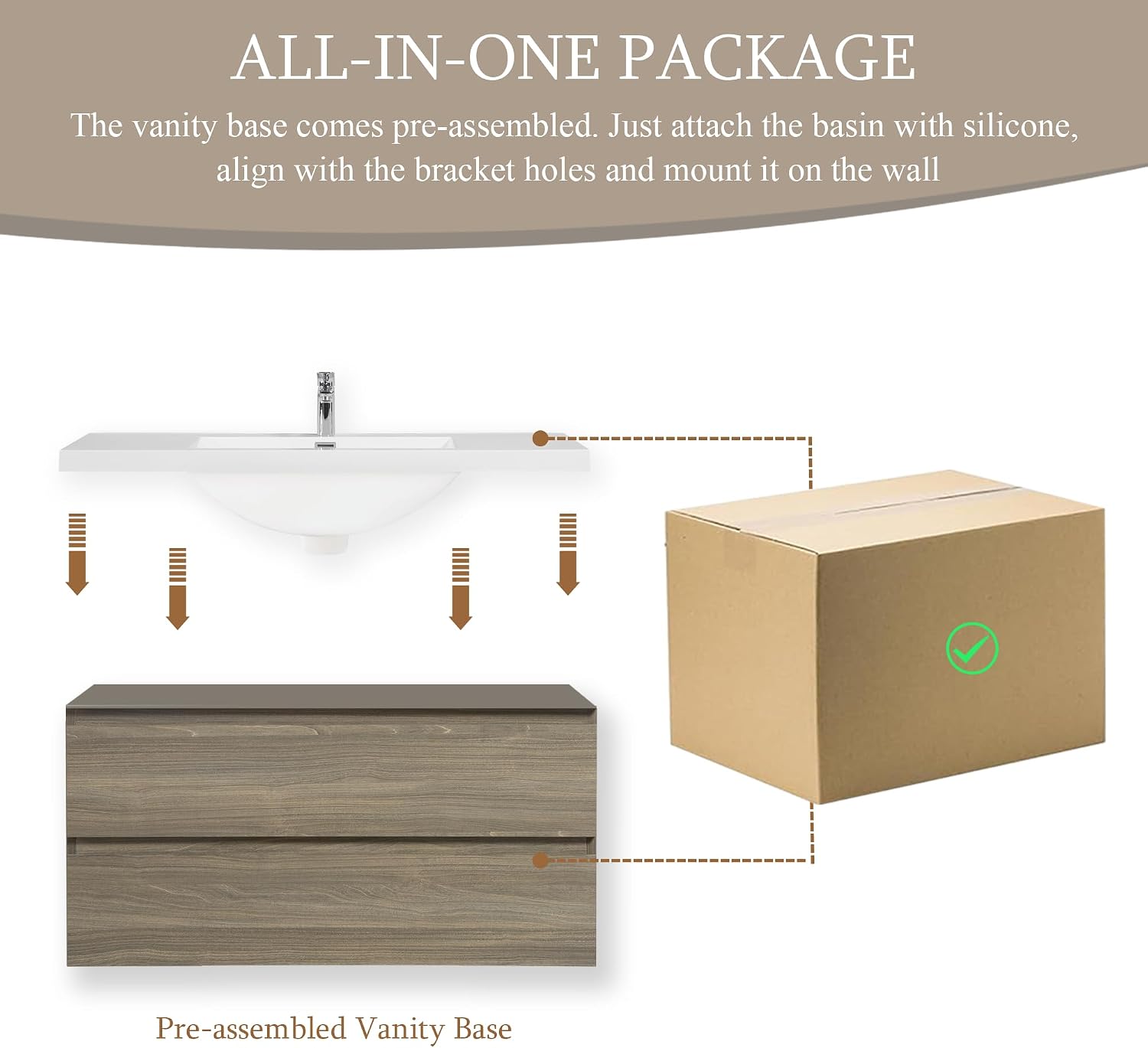 42' Floating Bathroom Vanity with Sink, Wall Mounted Bathroom Storage Vanity Cabinet with Solid Top Basin and Soft Close Drawers, Ash Grey