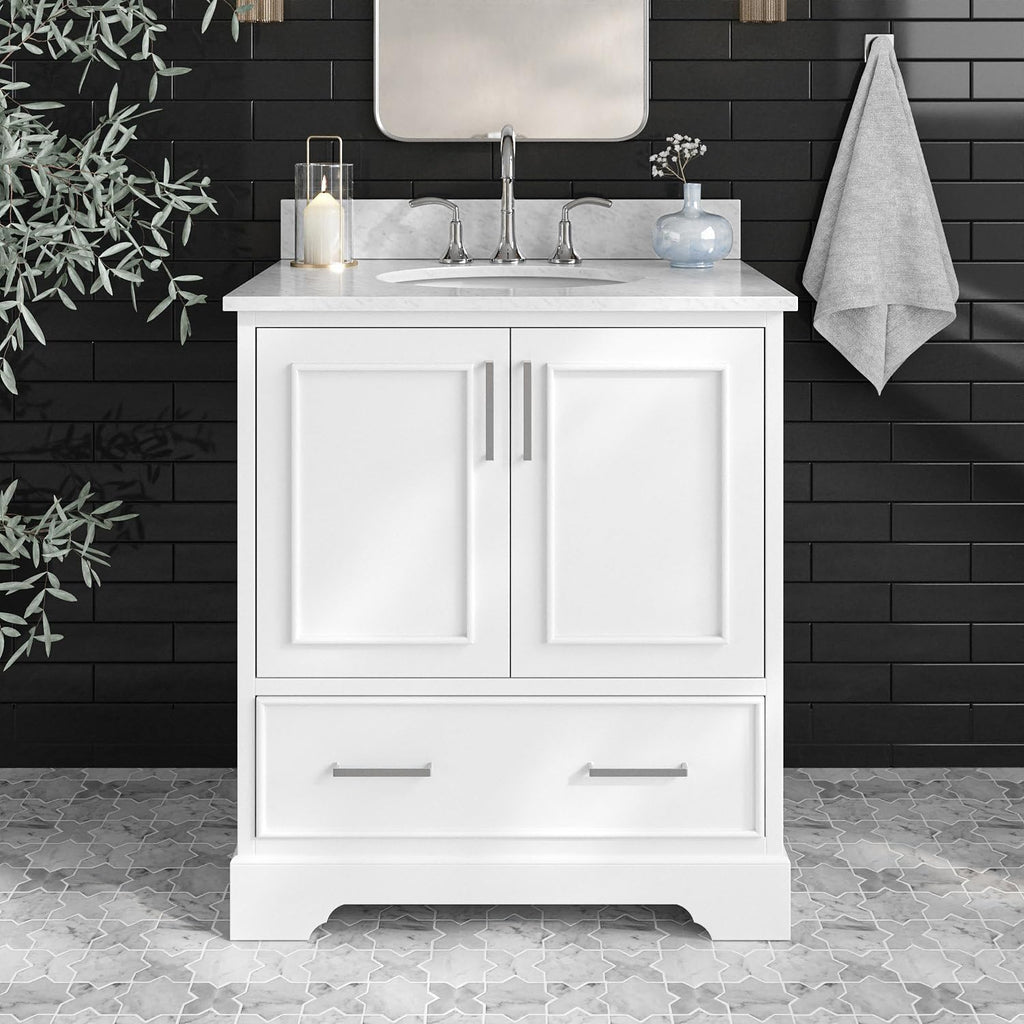 ARIEL Stafford 30-inch Bathroom Vanity with Sink,Solid Wood, 0.75-inch Italian Carrara Marble Countertop & Backsplash, Single Oval Porcelain Sink, 2 Soft Closing Doors, 1 Dovetail Drawers, White