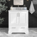 ARIEL Stafford 30-inch Bathroom Vanity with Sink,Solid Wood, 0.75-inch Italian Carrara Marble Countertop & Backsplash, Single Oval Porcelain Sink, 2 Soft Closing Doors, 1 Dovetail Drawers, White
