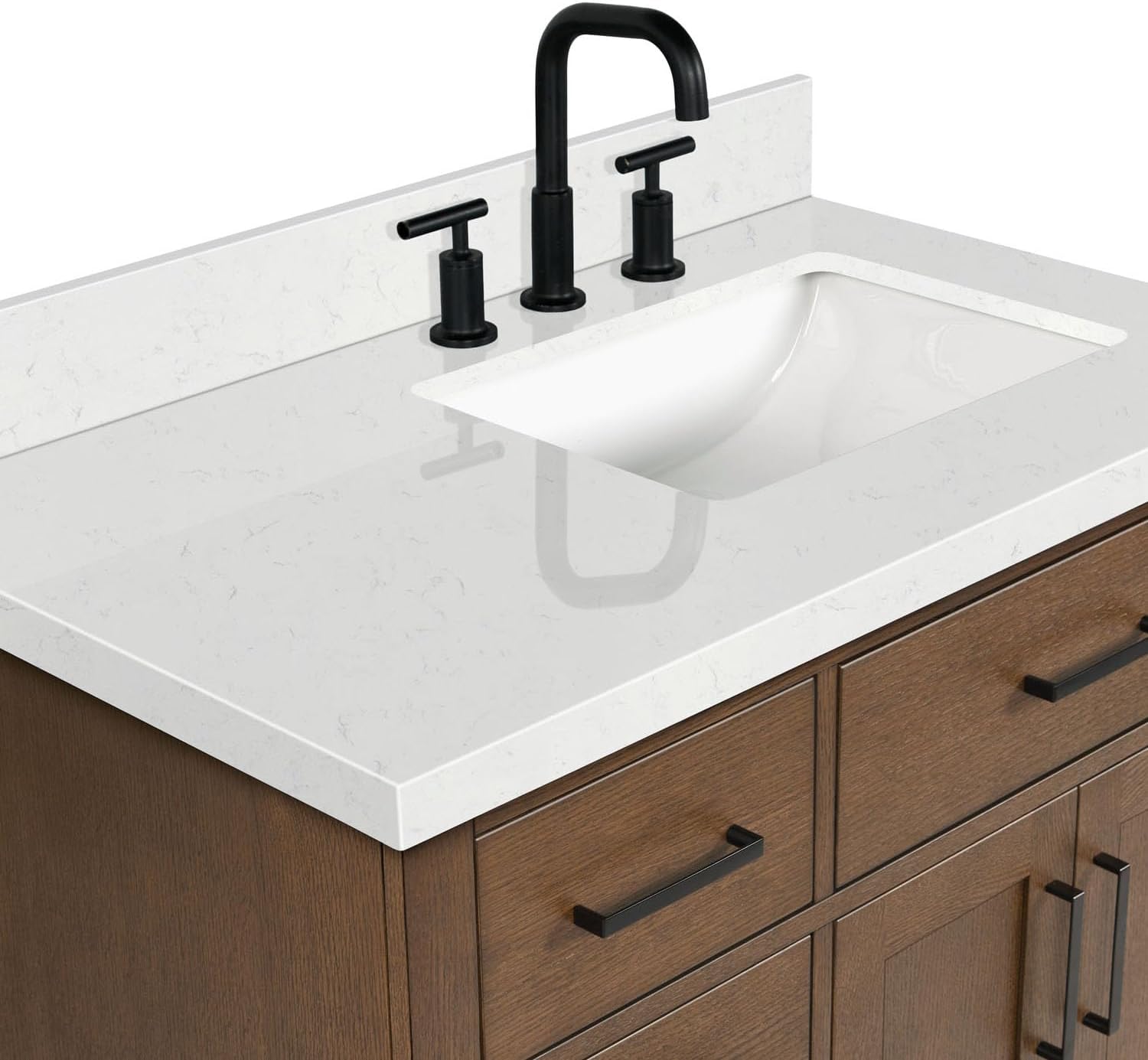 ARIEL Hepburn 36-inch Bathroom Vanity with Sink,Solid Wood, 1.5-inch Carrara White Quartz Countertop, Single Rectangular Porcelain Sink, 2 Soft Closing Doors, 5 Dovetail Drawers, Brown Oak