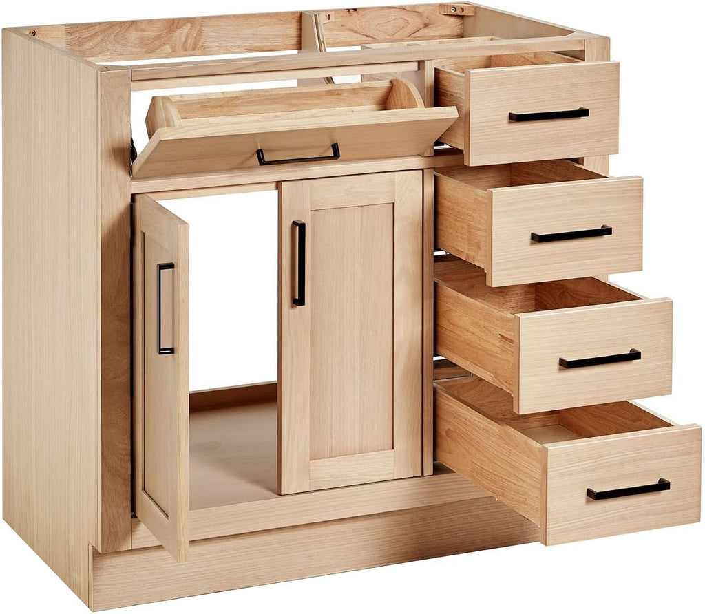 ARIEL Hepburn 36-inch Bathroom Vanity Base Cabinet,Solid Wood, 2 Soft Closing Doors, 5 Dovetail Drawers, White Oak
