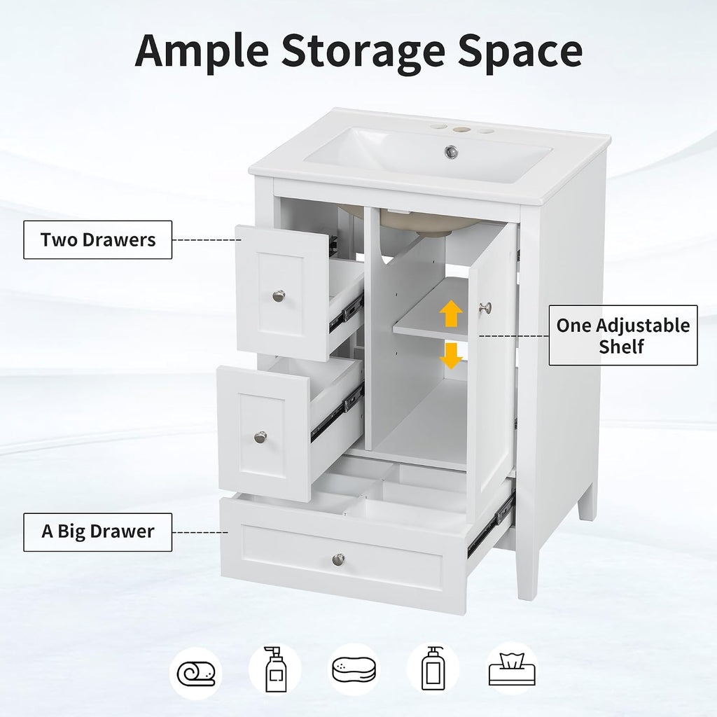 24' Bathroom Vanities with Undermount Ceramic Sink, Multi-Functional Storage Cabinet with Three Drawers and Adjustable Shelf, Soft-Closing Door, Solid Wood Legs, White