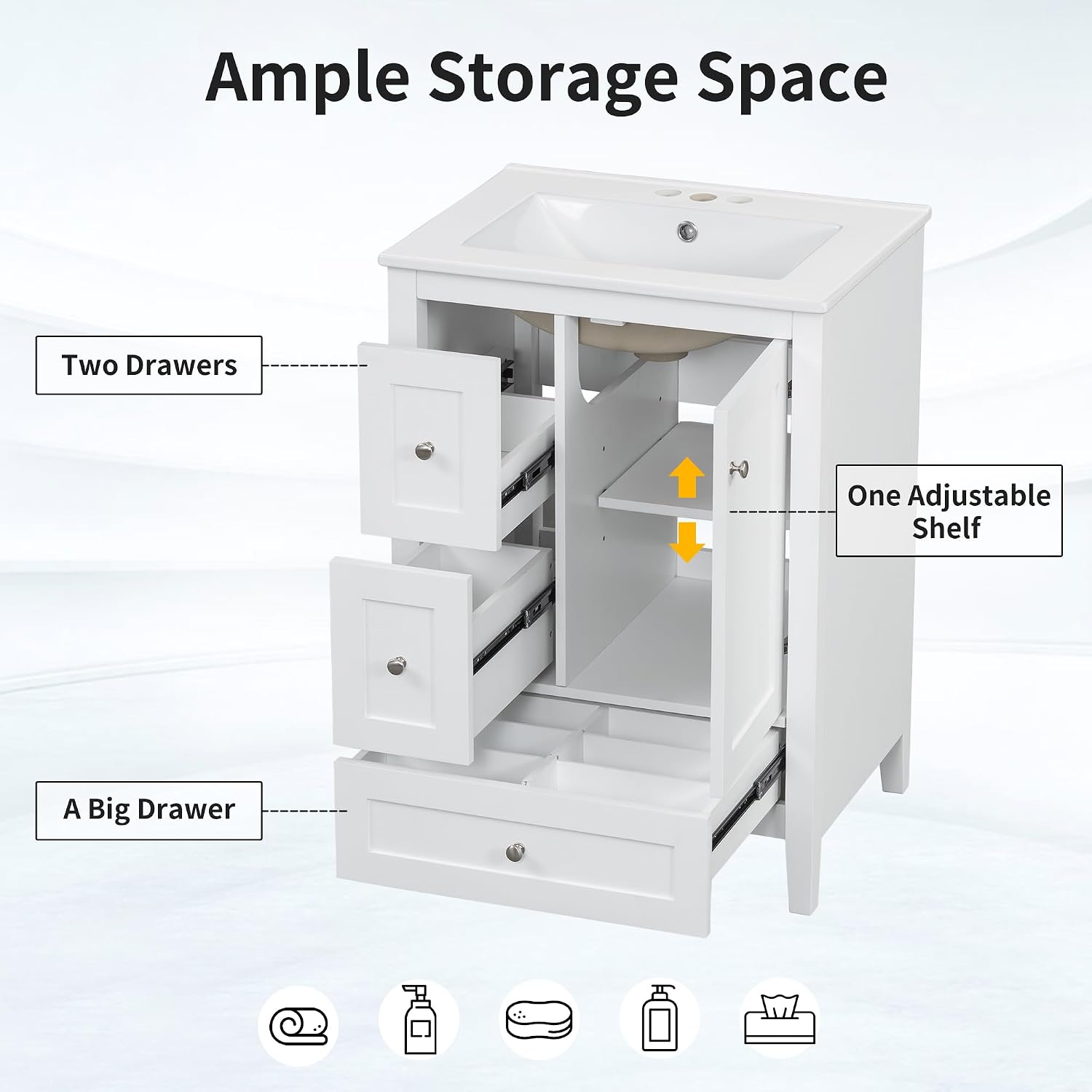 24' Bathroom Vanities with Undermount Ceramic Sink, Multi-Functional Storage Cabinet with Three Drawers and Adjustable Shelf, Soft-Closing Door, Solid Wood Legs, White