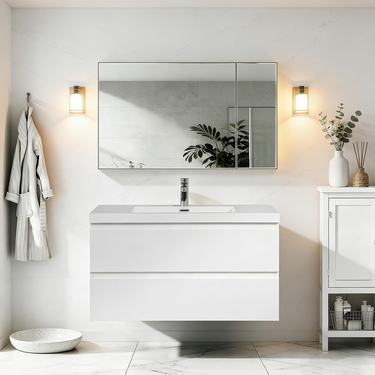 42' Floating Bathroom Vanity with Sink, Wall Mounted Bathroom Cabinet with Solid Surface Top and Soft Close Drawers, Glossy White (No Assembly Required)