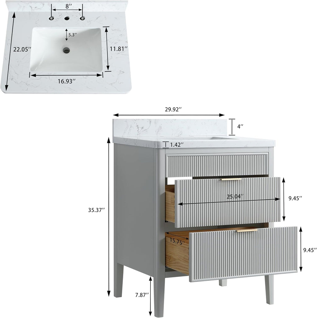 KEIKI 30' Freestanding Bathroom Vanity with Sink,Storage Cabinet with 2 Handle Sets and Engineered Marble Top