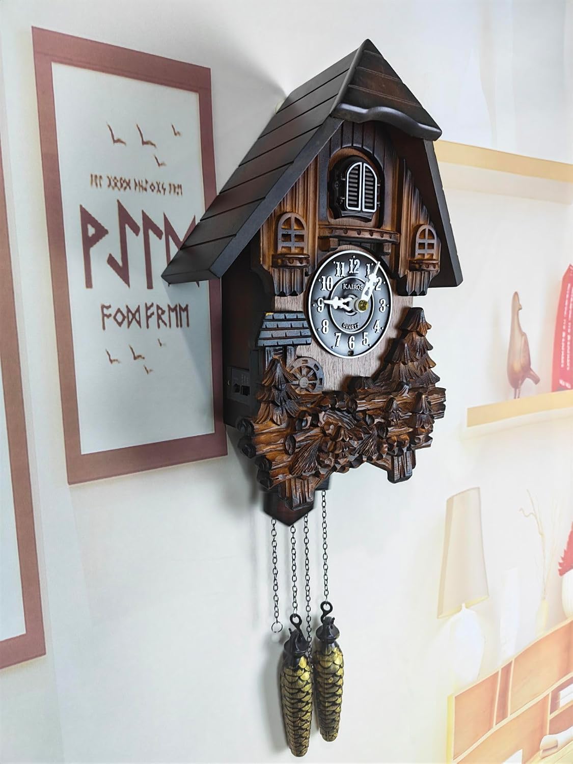 Cuckoo Clock with Night Mode, Hand Carved Decorations and Swinging Pendulum