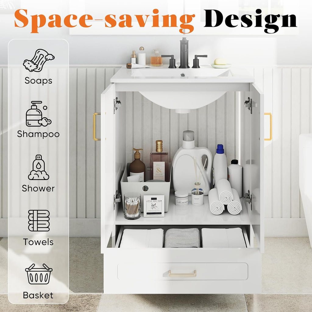 Sweetcrispy 24' Modern Bathroom Vanity with Ceramic Basin, Undermount Vanity Sink Cabinet with 2 Doors and 1 Drawer, Free Standing Bathroom Storage Cabinet with Sink Combo Set, Ivory