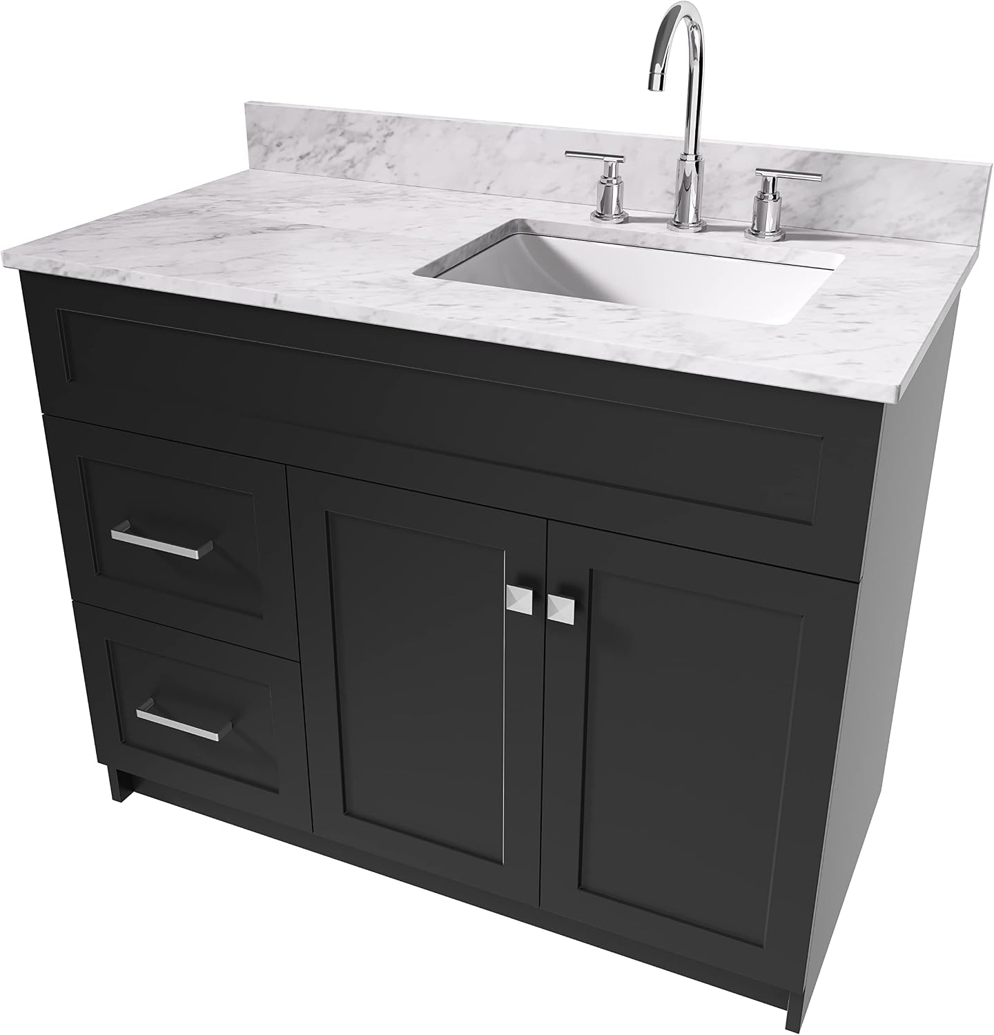 ARIEL Hamlet 43 in. Right Offset Rectangle Sink Vanity with 0.75 in. Carrara White Countertop in Black
