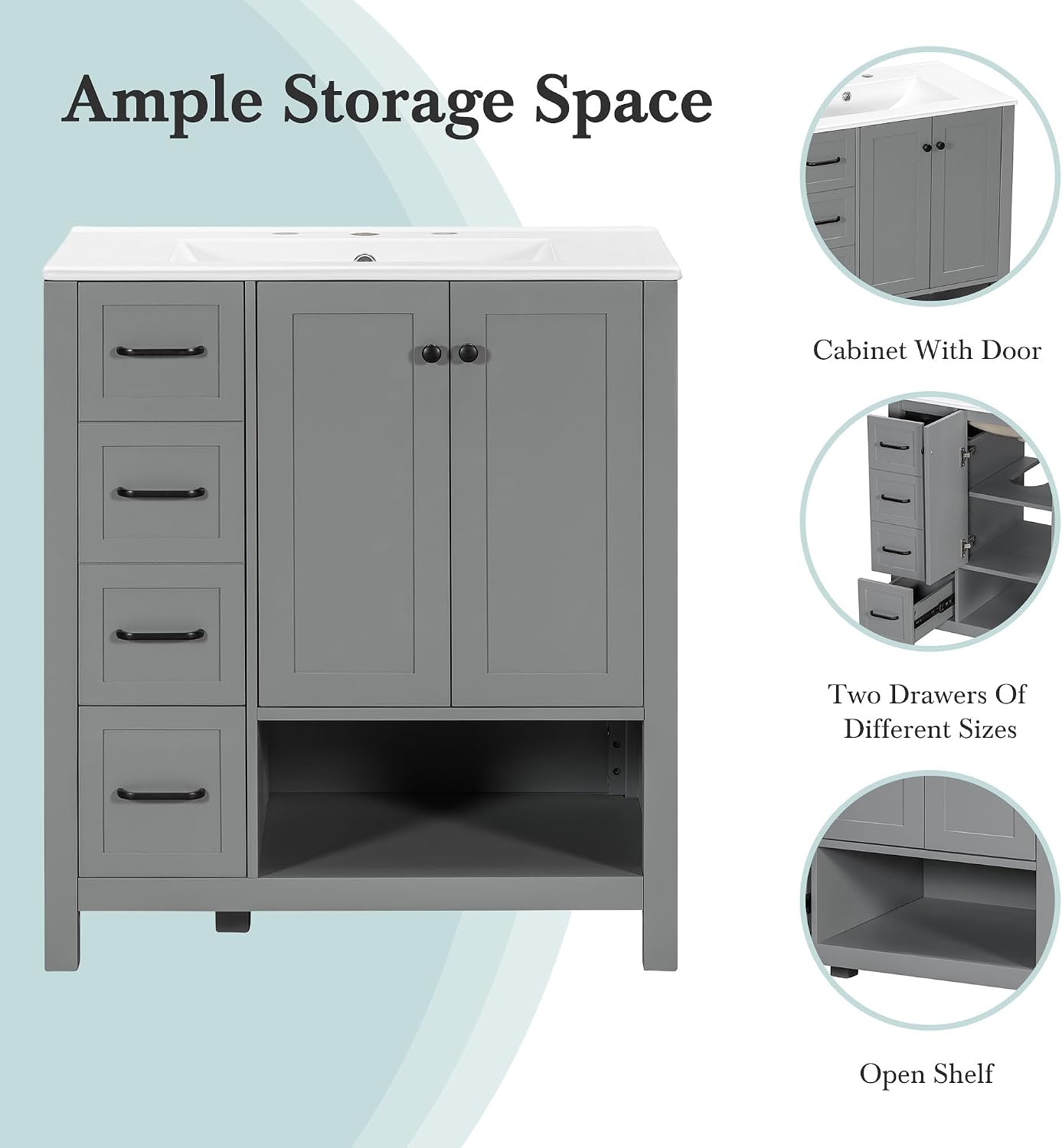 LUMISOL 30 Inch Bathroom Vanity with Ceramic Sink, Freestanding Bathroom Vanity with 2 Drawers, Soft-Close Doors & Open Shelf, Solid Wood Bathroom Cabinet with Offset Sink, Gray