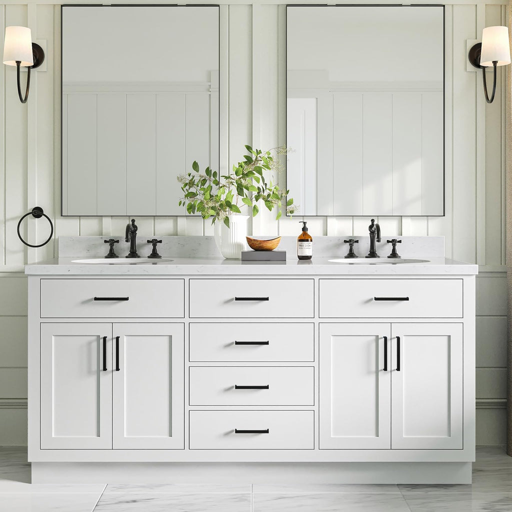 ARIEL Hepburn 72-inch Bathroom Vanity with Sink,Solid Wood, 1.5-inch Carrara White Quartz Countertop & Backsplash, Double Oval Porcelain Sink, 4 Soft Closing Doors, 6 Dovetail Drawers, White