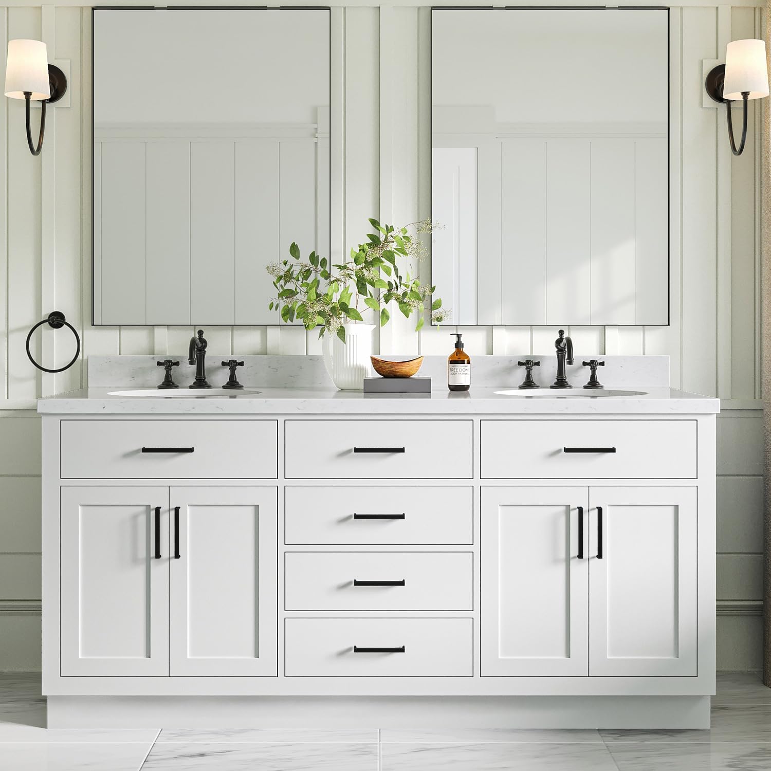 ARIEL Hepburn 72-inch Bathroom Vanity with Sink,Solid Wood, 1.5-inch Carrara White Quartz Countertop & Backsplash, Double Oval Porcelain Sink, 4 Soft Closing Doors, 6 Dovetail Drawers, White