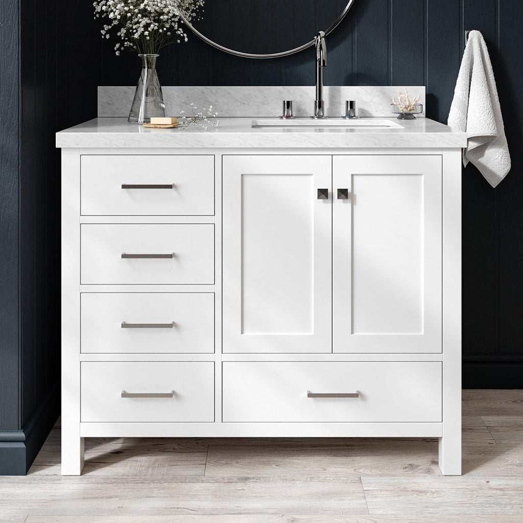 ARIEL Cambridge 42-inch Bathroom Vanity with Sink,Solid Wood, 1.5-inch Italian Carrara Marble Countertop, Single Rectangular Porcelain Sink, 2 Soft Closing Doors, 5 Dovetail Drawers, White