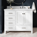 ARIEL Cambridge 42-inch Bathroom Vanity with Sink,Solid Wood, 1.5-inch Italian Carrara Marble Countertop, Single Rectangular Porcelain Sink, 2 Soft Closing Doors, 5 Dovetail Drawers, White