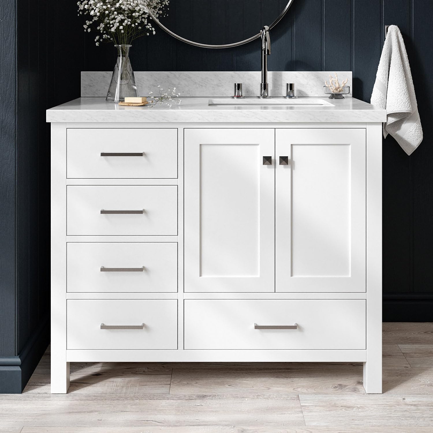 ARIEL Cambridge 42-inch Bathroom Vanity with Sink,Solid Wood, 1.5-inch Italian Carrara Marble Countertop, Single Rectangular Porcelain Sink, 2 Soft Closing Doors, 5 Dovetail Drawers, White