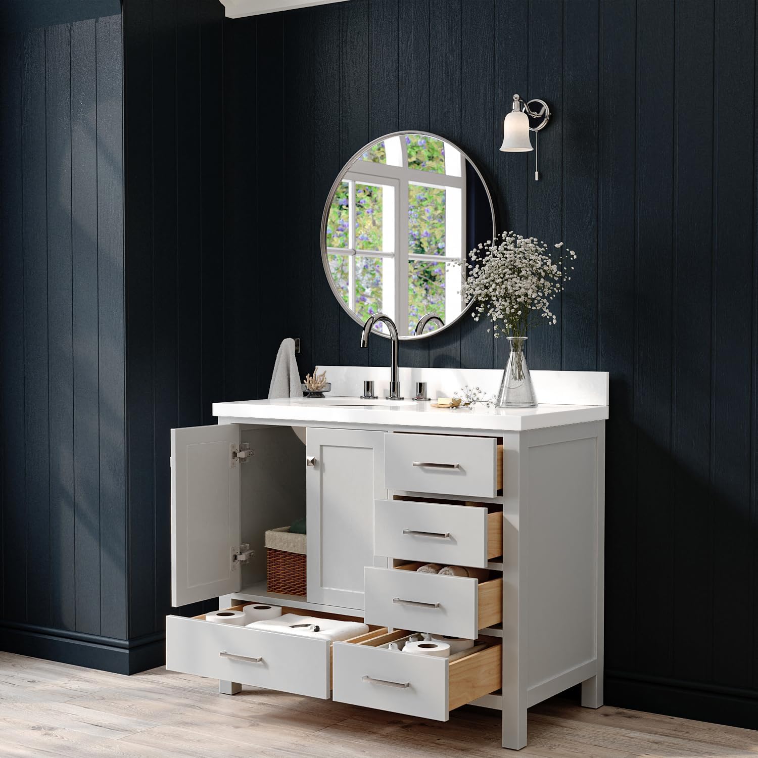 ARIEL Cambridge 42-inch Bathroom Vanity with Sink,Solid Wood, 1.5-inch Pure White Quartz Countertop & Backsplash, Single Oval Porcelain Sink, 2 Soft Closing Doors, 5 Dovetail Drawers, Grey