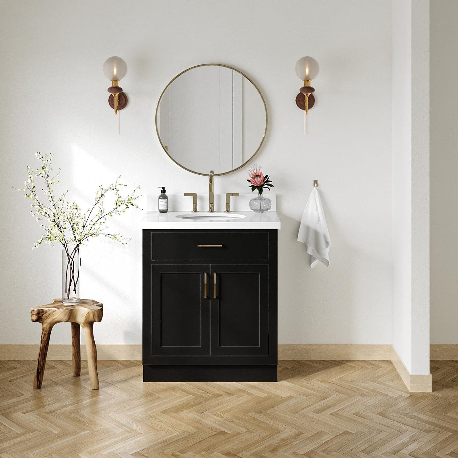 ARIEL Hepburn 30-inch Bathroom Vanity with Sink,Solid Wood, 1.5-inch Pure White Quartz Countertop & Backsplash, Single Oval Porcelain Sink, 2 Soft Closing Doors, 1 Dovetail Drawers, Black
