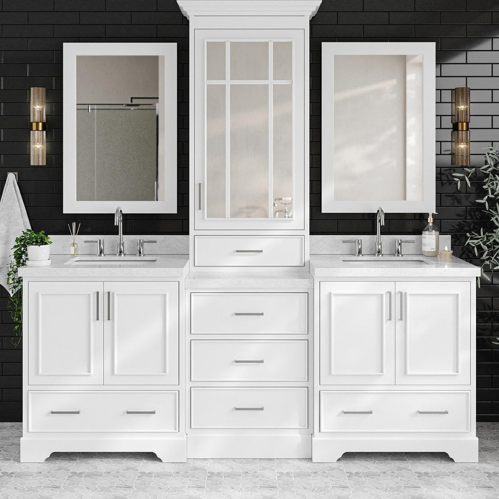 ARIEL Stafford 84-inch Bathroom Vanity with Sink,Solid Wood, 1.5in Italian Carrara Marble Countertop & Backsplash, Double Rectangular Porcelain Sink, 4 Soft Closing Doors, 5 Dovetail Drawers, White