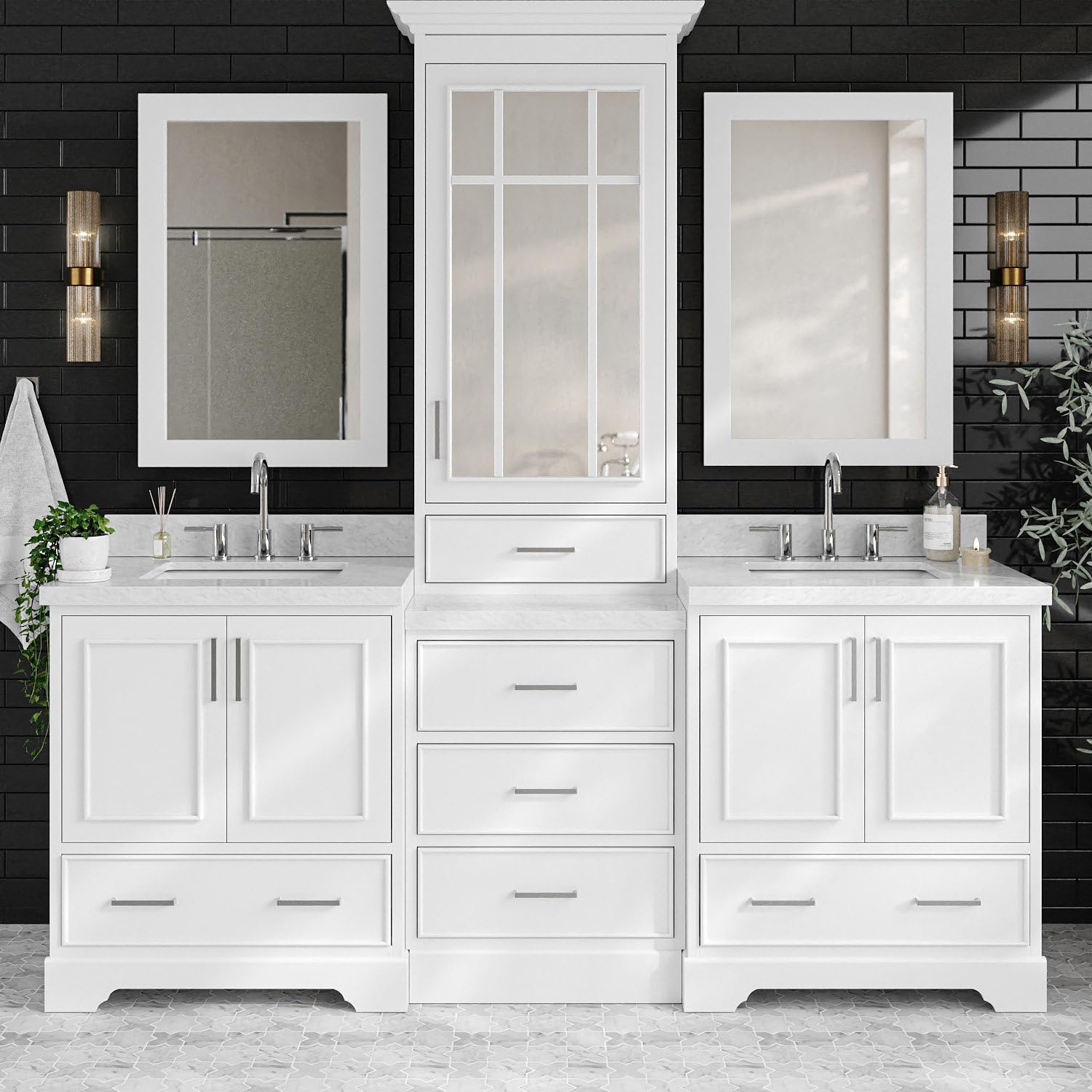 ARIEL Stafford 84-inch Bathroom Vanity with Sink,Solid Wood, 1.5in Italian Carrara Marble Countertop & Backsplash, Double Rectangular Porcelain Sink, 4 Soft Closing Doors, 5 Dovetail Drawers, White