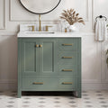 ARIEL Cambridge 36-inch Bathroom Vanity with Sink,Solid Wood, 1.5-inch Carrara White Quartz Countertop, Single Rectangular Porcelain Sink, 2 Soft Closing Doors, 5 Dovetail Drawers, Vintage Green