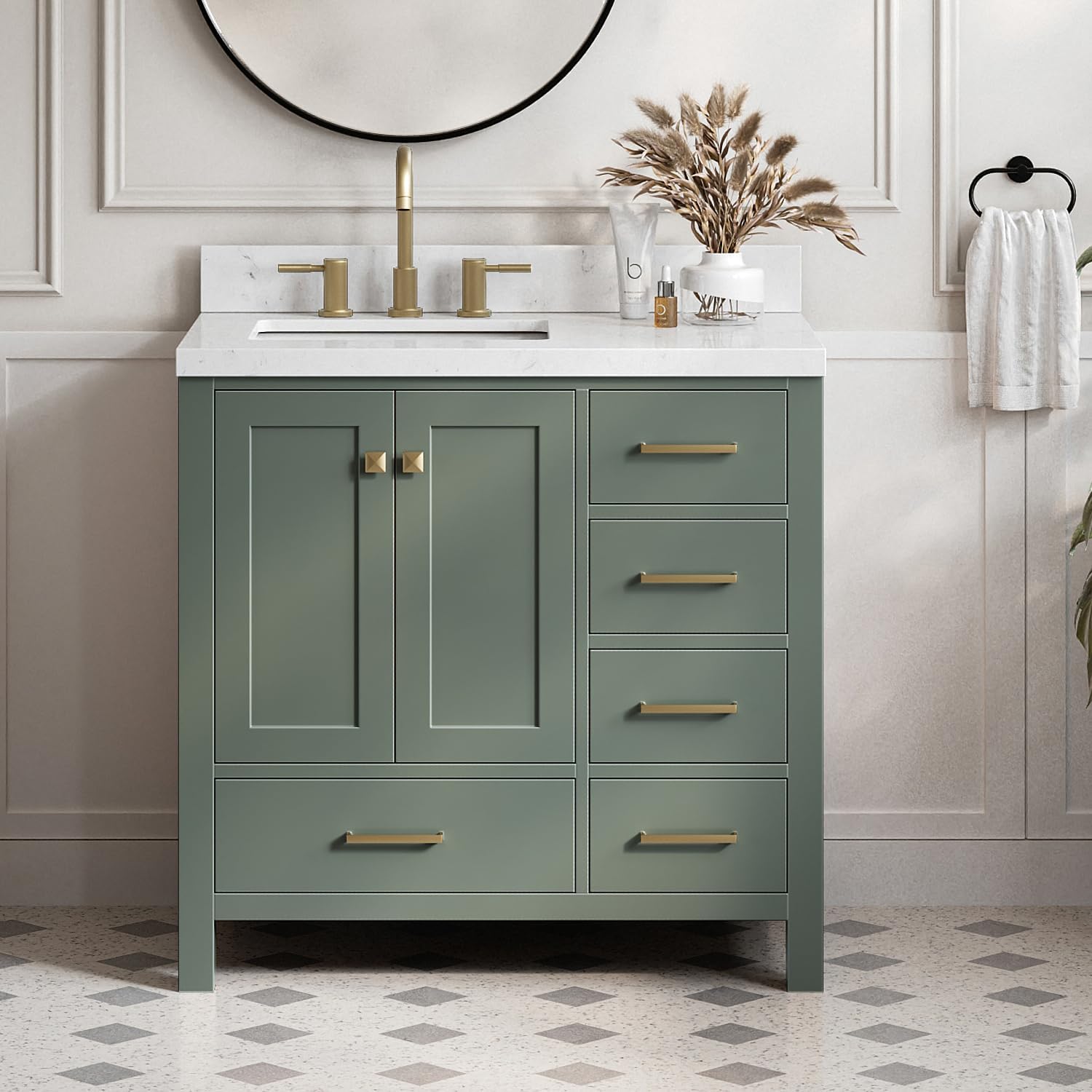 ARIEL Cambridge 36-inch Bathroom Vanity with Sink,Solid Wood, 1.5-inch Carrara White Quartz Countertop, Single Rectangular Porcelain Sink, 2 Soft Closing Doors, 5 Dovetail Drawers, Vintage Green