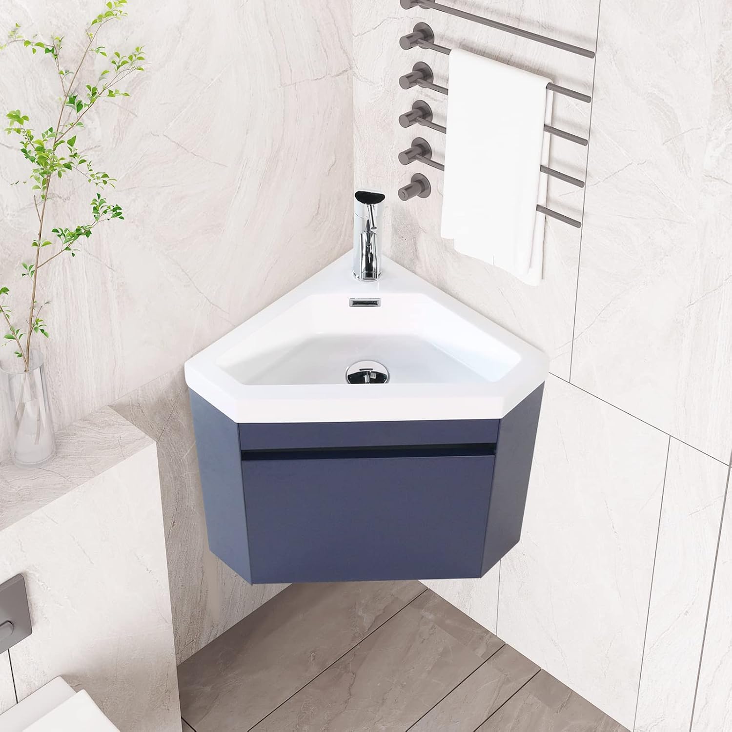 wonline 22' Corner Bathroom Vanity Sink Combo for Small Space Wall Mounted Cabinet Set Design Navy Resin Basin Sink Top Chrome Faucet and Drain